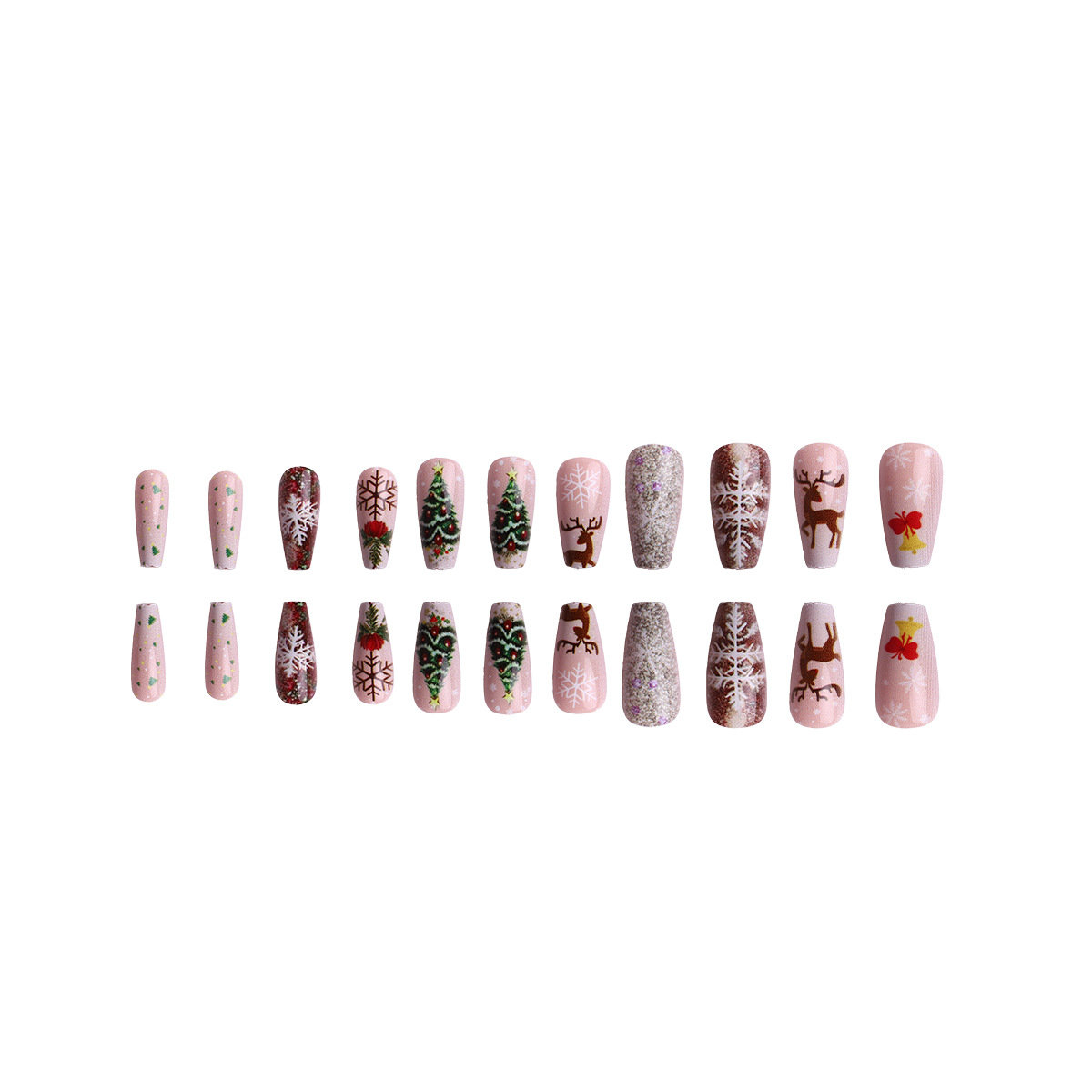 Christmas Tree Press-On Nails Snowman Painted Patterns with Bows Pine Cones, Snowflake Reindeer, Luxury Red Plaid French Nails with Multiple Diamonds 