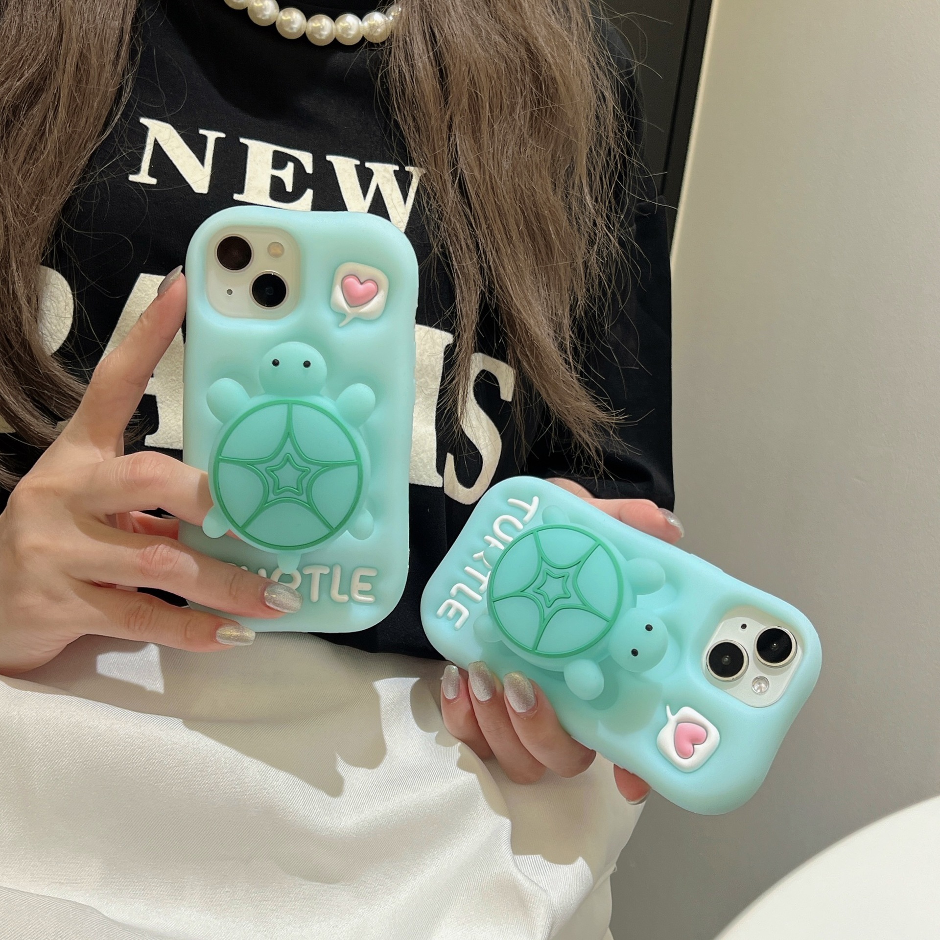 Cute 3D Luminous Stand Turtle Glowing Phone Case for iPhone 16 Pro Max - Stand & Grip with Turtle Glowing Design - Girly Aesthetic Kawaii Soft Silicon