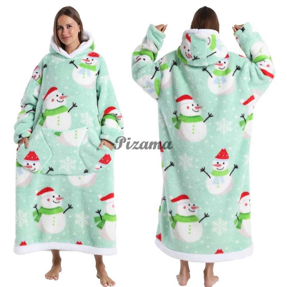 Christmas Super Long Flannel Blanket Coldproof Nightgown Pyjamas Sleeves Winter Hoodies Sweatshirt Women Men Pullover Fleece Y251013