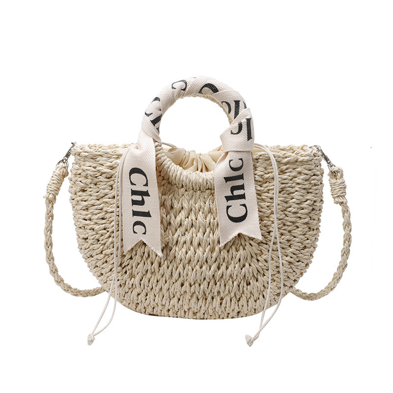 designer bag Letter Scarf Strap Woven Women's Straw Vacation Handbag Round Bucket Bag Beach