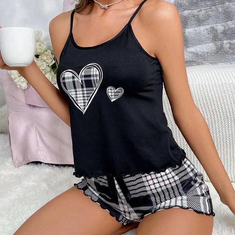 Womens new pajama suspender solid color top plaid shorts twopiece set of home wearT251014