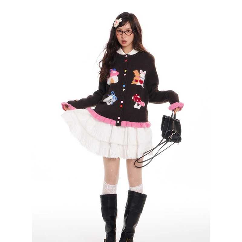 Harajuku Cartoon Knitted Cardigan Women Kaii Print Sweater Outerwears Vintage Korean Patchwork Knitwears Winter Design Jumpers W251014