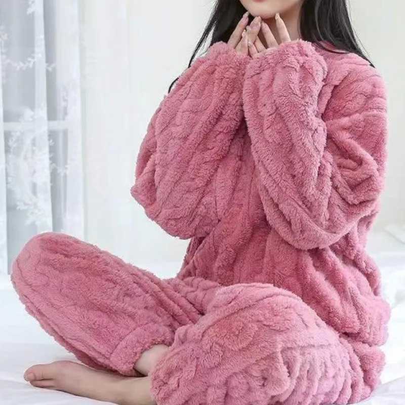 Autumn Winter Loose Sweet Casual Pajamas Womens Set Thick Fleeceing Wool Long Sleeve Top Home Elastic Waist Long Pants TrousersT251014