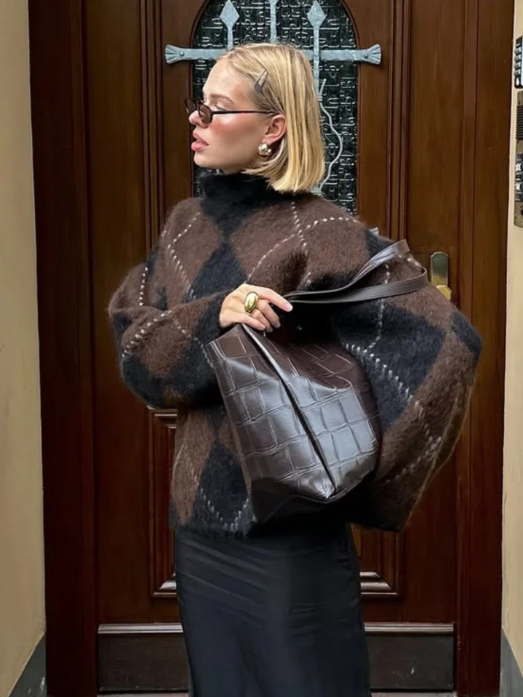 Fluffy Fuzzy Knit Mock Neck Sweater Drop Shoulder Long Sleeve Soft 2025 Autumn Classic Cozy Women Jumper Causal Vintage Lady Top 251010