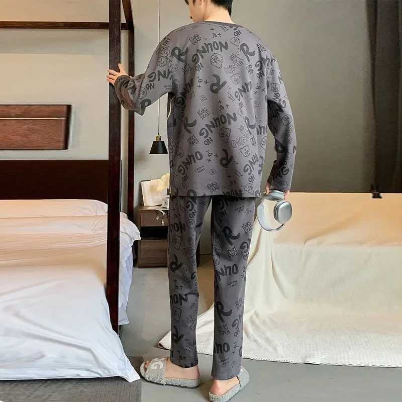 TwoPiece Set Autumn Winter Women Pajamas Men LongSleeved Cartoon Letters Bear Pullover Sleepwear Ladies Big Size HomewearT251014