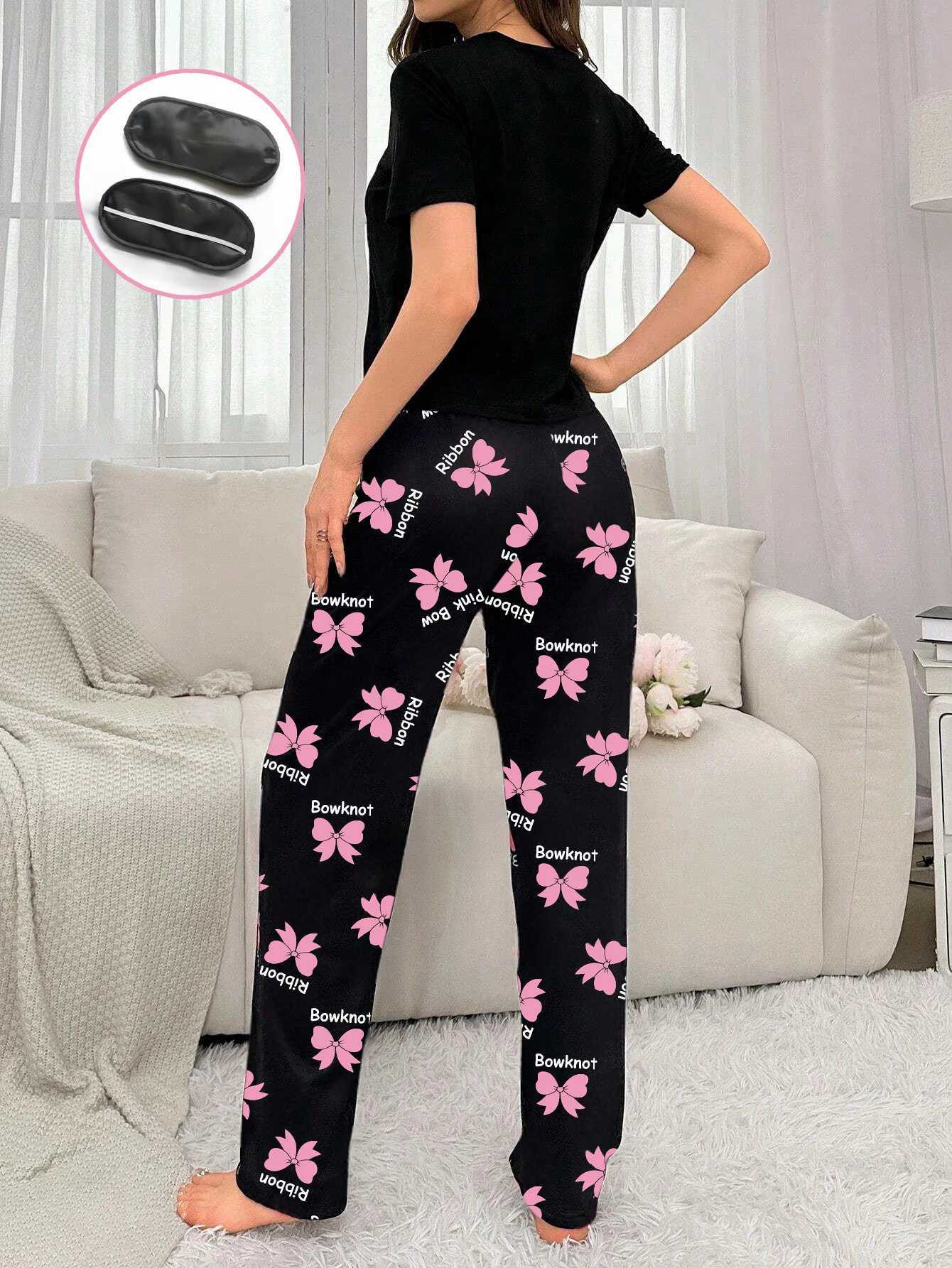 Womens new style bow print shortsleeved trousers twopiece casual comfort home wear eye mask pajamas setT251014