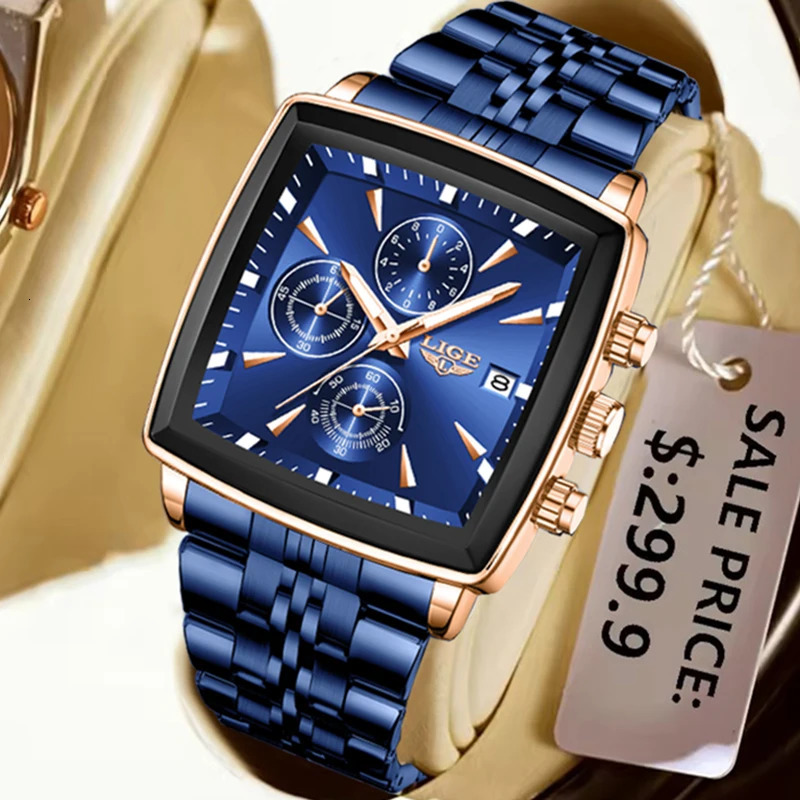 LIGE Top Mens Watches Fashion Military Square Chronograph Quartz Wristwatches For Men Sports Waterproof Watch Men 251011