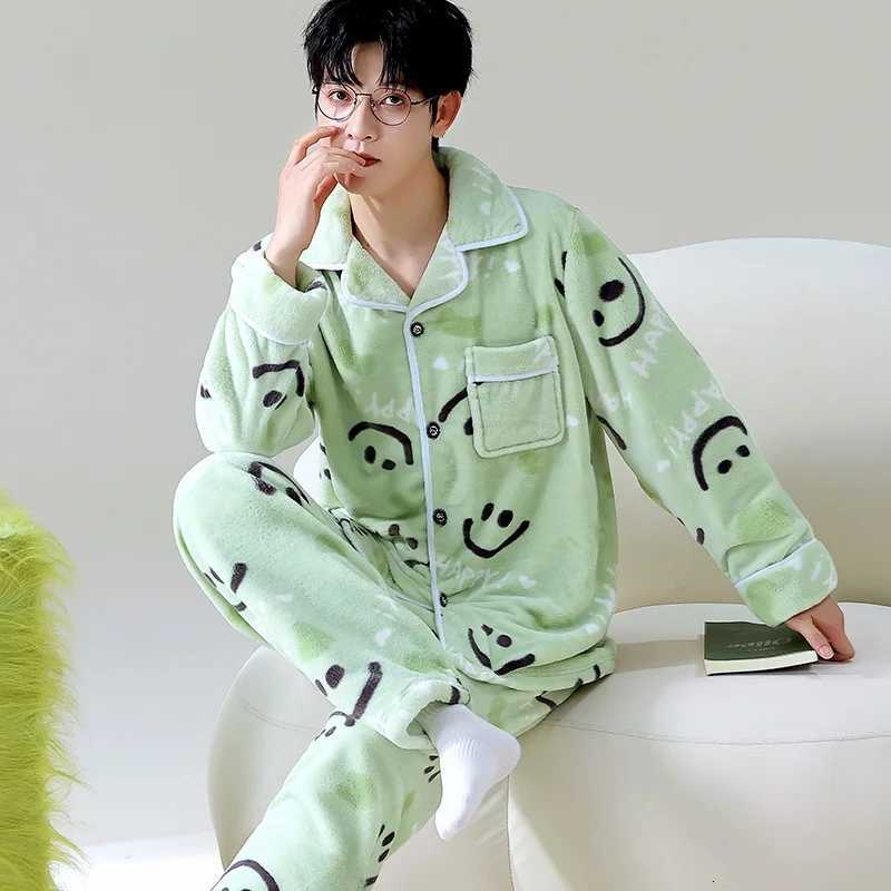 Cartoon Winter Pajamas Mens Open Cardigan Thiened Flannel Home Clothes Warm Spwear Long Sve Long Pants for Youth Y251013
