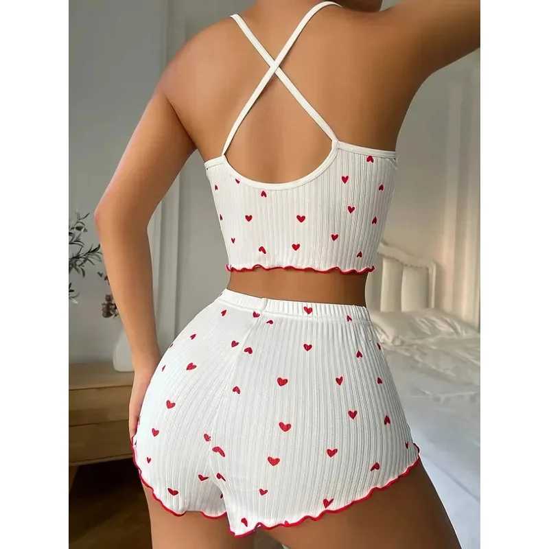 Sleepwear Women Pajamas Set Heart Print Soft Ribbed Fabric with Flirty Frill Trim Casual Cami Top and Shorts Sets LoungewearT251014