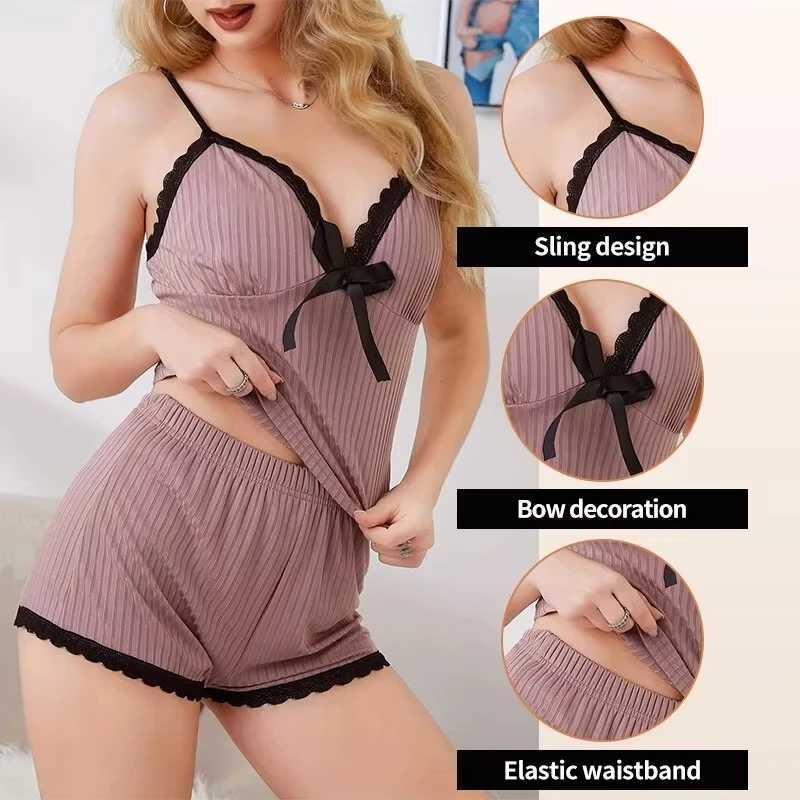 New Womens Sexy Ribbed Pajama Set Lace Trim Cami Top and Shorts Two Piece Sleepwear Loungewear V Neck with Bow Spaghetti StrapT251014