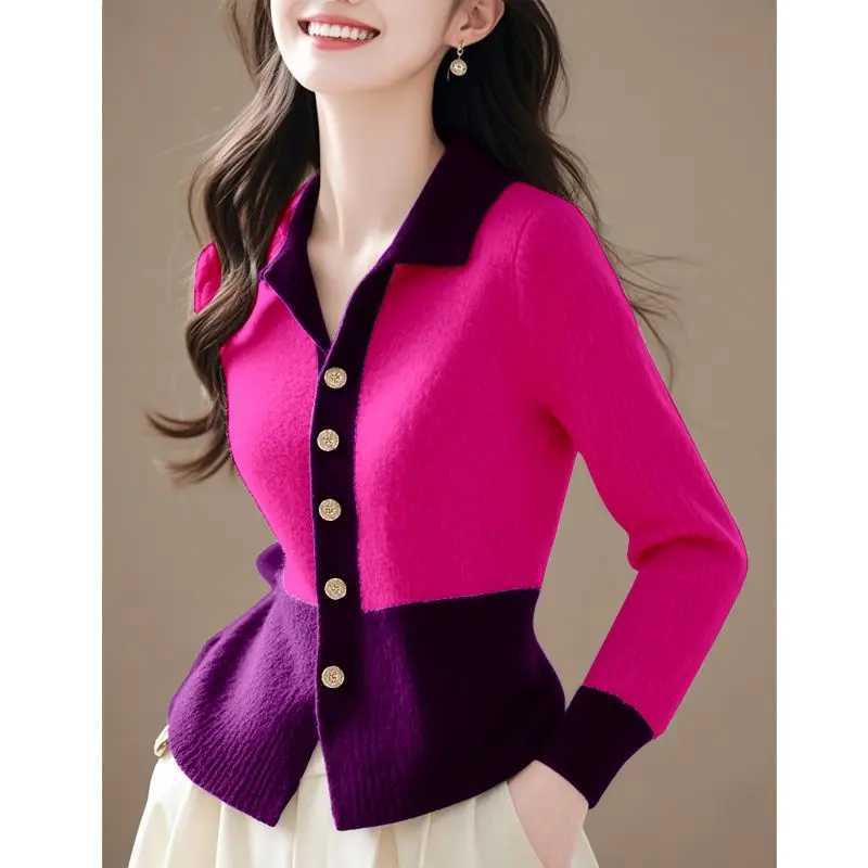 2024 Patchwork New Autumn Winter Knitting Cardigan Sweater Coat Fashion Allmatch Long Sve Temperament Top Tee Womens W251014