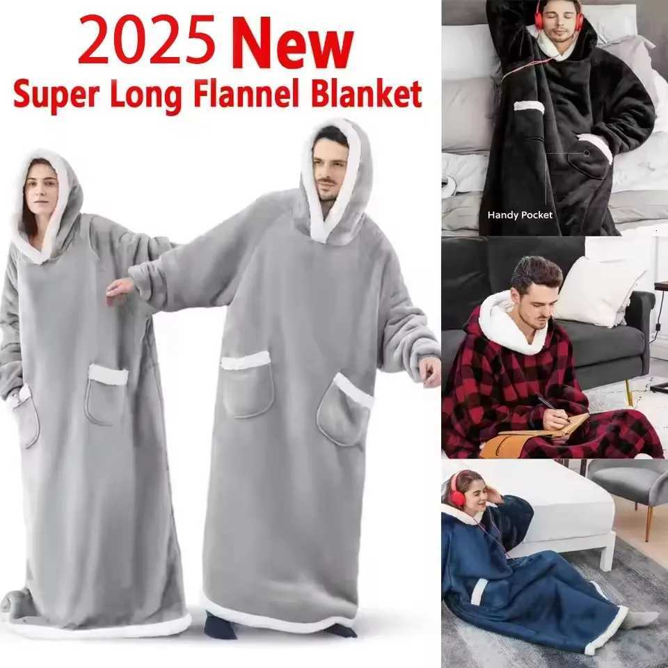 150180cm Super Long Flannel Blanket Pyjamas with Sleeves Winter Hoodies Sweatshirt Women Men Pullover Fleece Giant Oversized Y251013