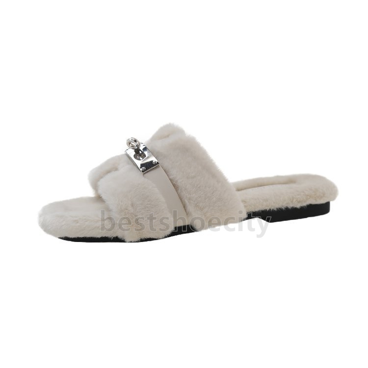 Womens Chic buckle sandals Comfortable Ladies Plush-Fur Interior slides flat slippers Outdoor Indoor Soft house shoes Size 35-40
