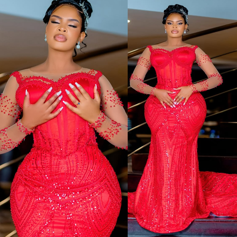Plus Size Red Prom Dress 2025 Evening Dresses For Special Occasions Sheer Neck Long Sleeves Beaded Lace Pearls Illusion Birthday Dress Second Reception Gown AM2979