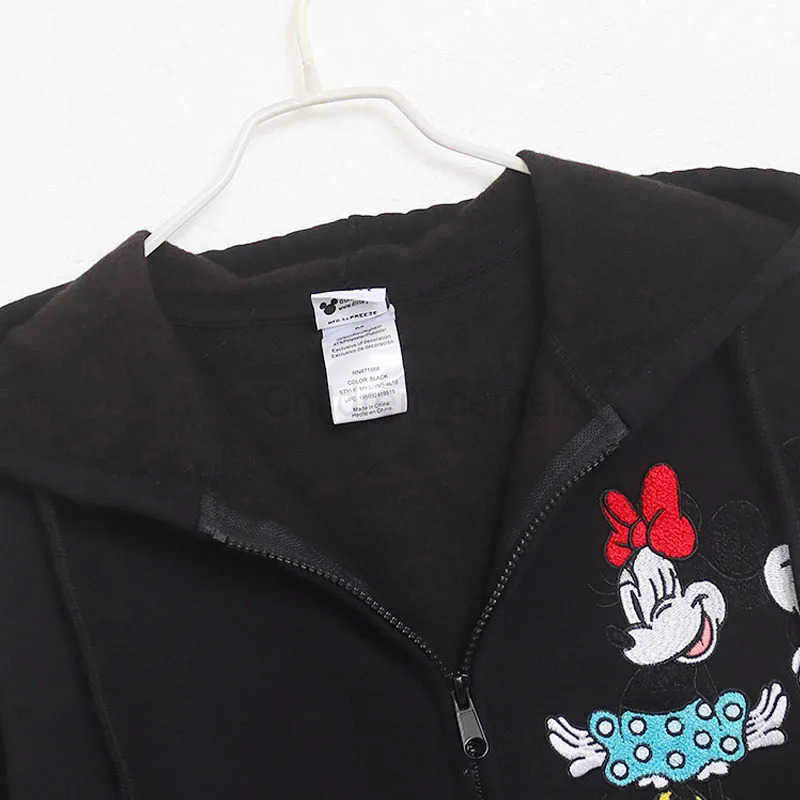 Disney Fleece Hooded Sweatshirt Mickey Minnie Mouse Embroidery Zip Up Hoodies Jacket Women Casual Cartoon Patch Jumper Top Black H251014