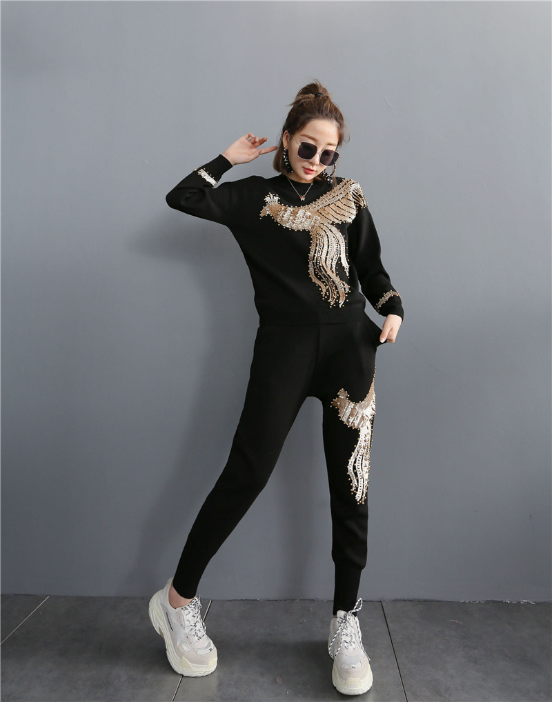 European autumn women's Phoenix embroidery knitted set, stylish and slimming Halon pants two-piece set