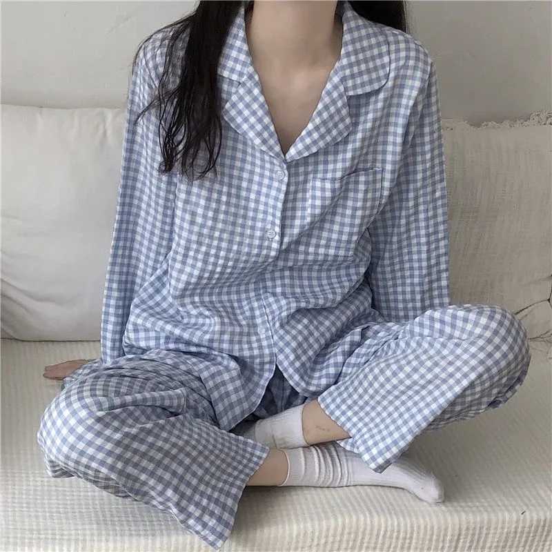 Pajamas Female Autumn and Winter LongSleeved Sweet Homewear TwoPiece Tide Cardigan Lapel Plaid HomewearT251014