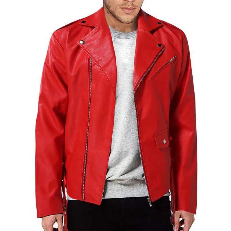 2025 New Men Solid Color Imitation Leather Jacket Red Fashion Homme Oblique Zipper Biker Coats Male Bar KTV Casual Top J251014