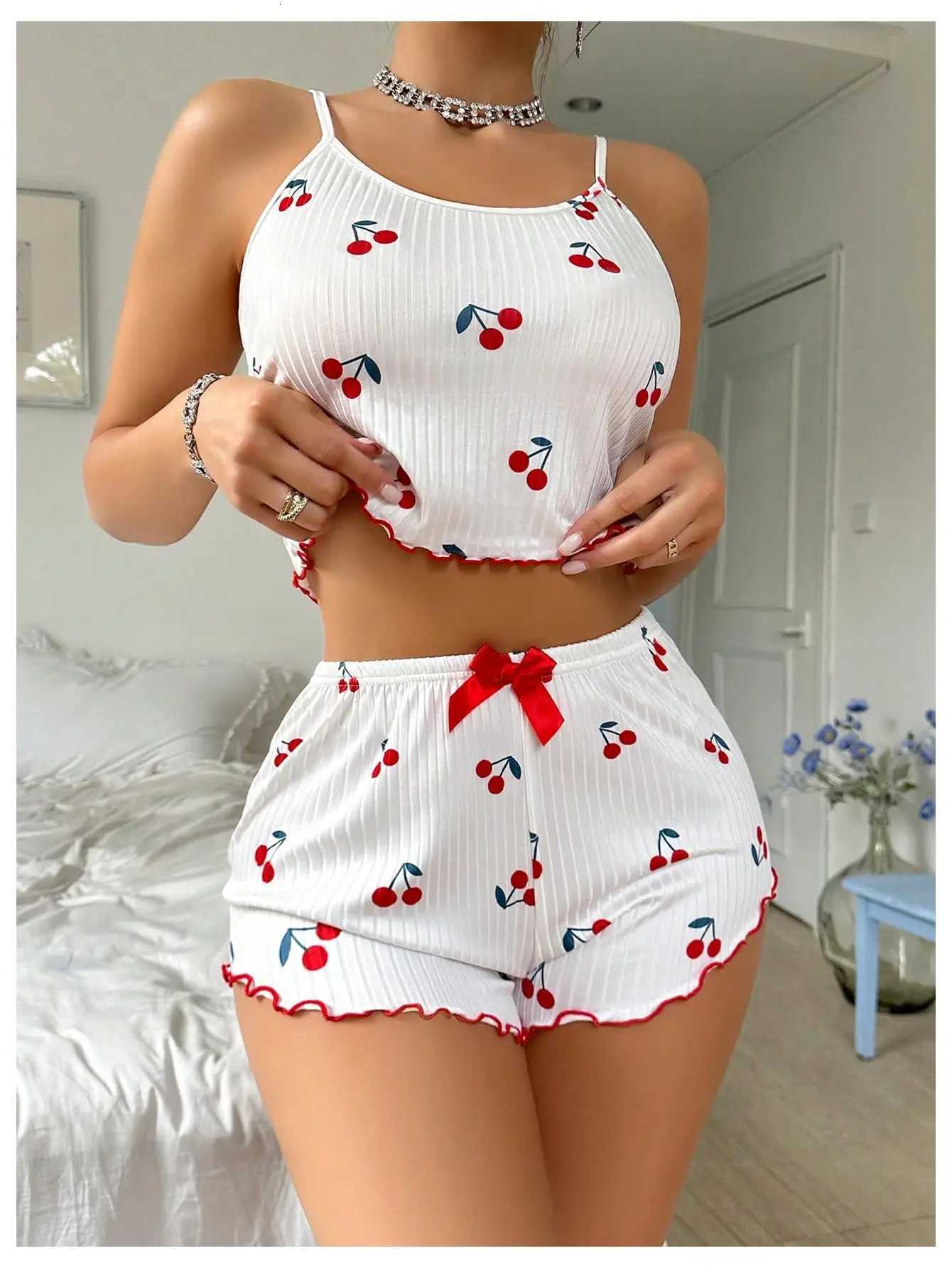 Two Piece Pajama Sets of Womens Cherry Print Crop Top High Waist Shorts with Lettuce Trim Sleepwear Cute for SummerT251014