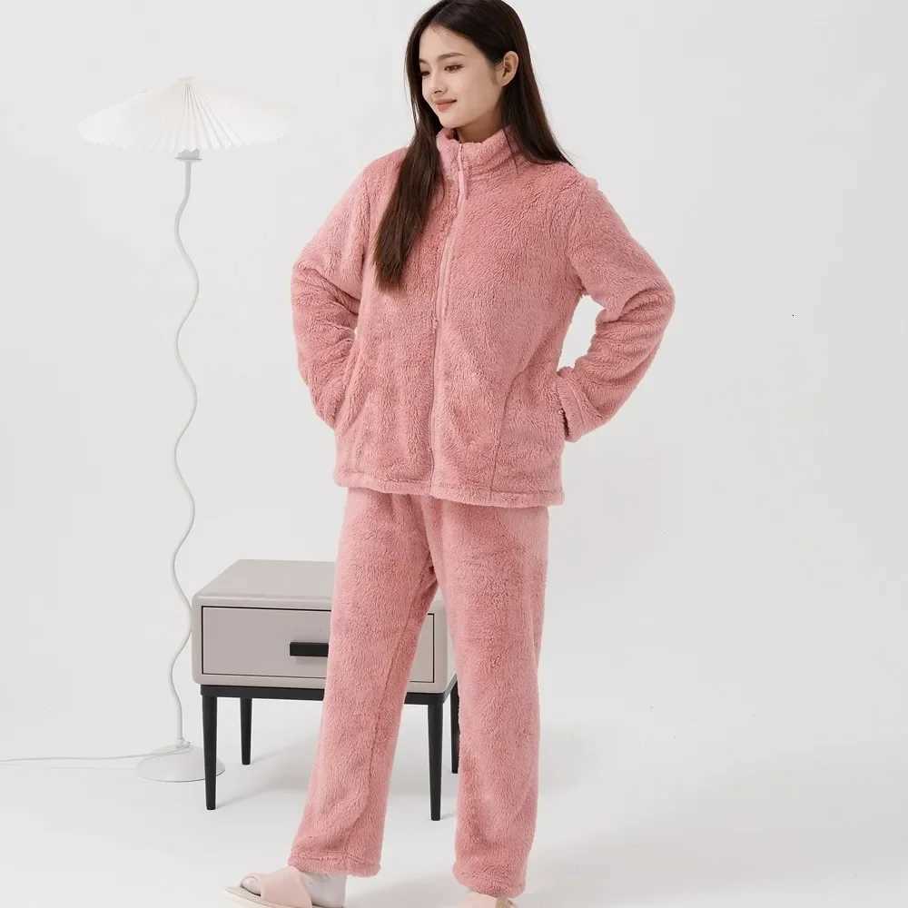 Winter Thickened Fleece Lined Pajama Set Warm Flannel Sleepwear Zipper Home Clothes Two Piece Comfortable Soft Polyester Y251013