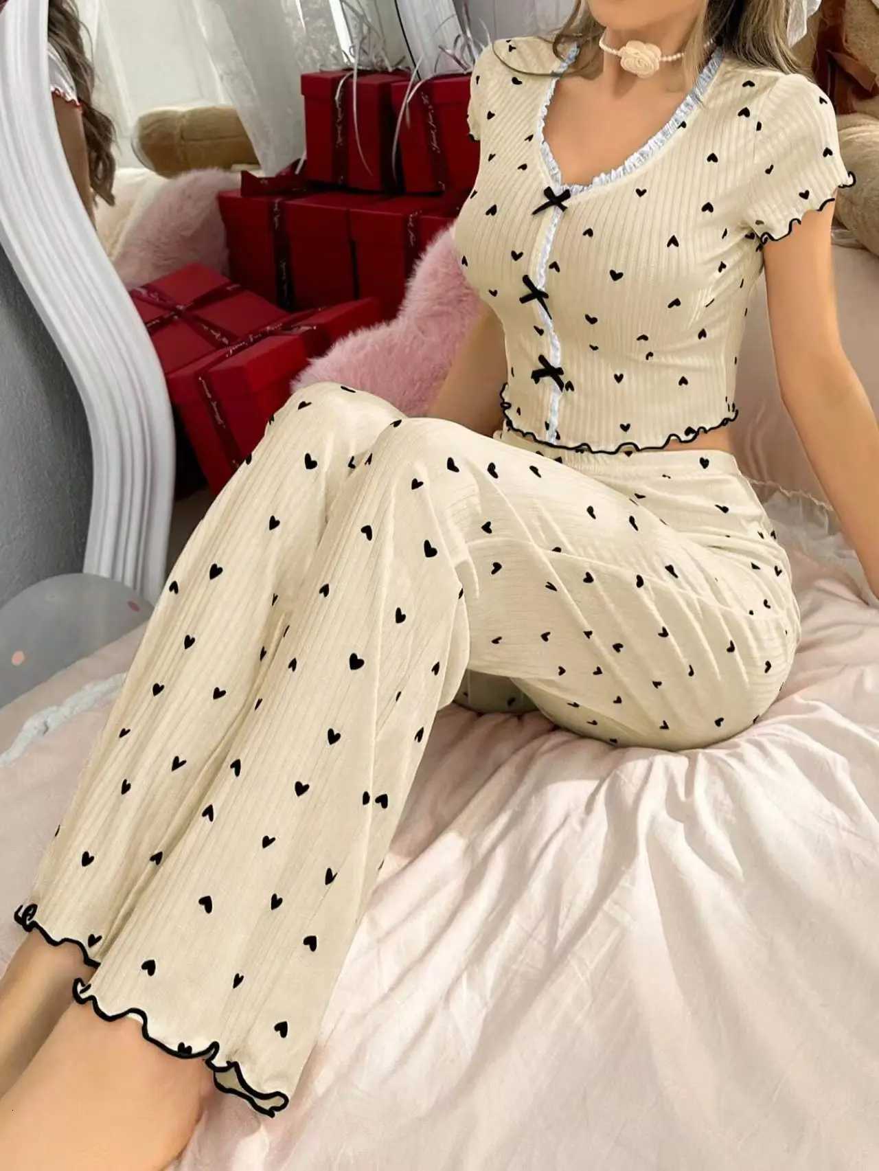Spring Autumn Coquette Pajama Set Women Sexy Heart Print Ruffle Trim Crop Top Pants 2 Piece Y2K Aesthetic Loungewear SleepwearT251014