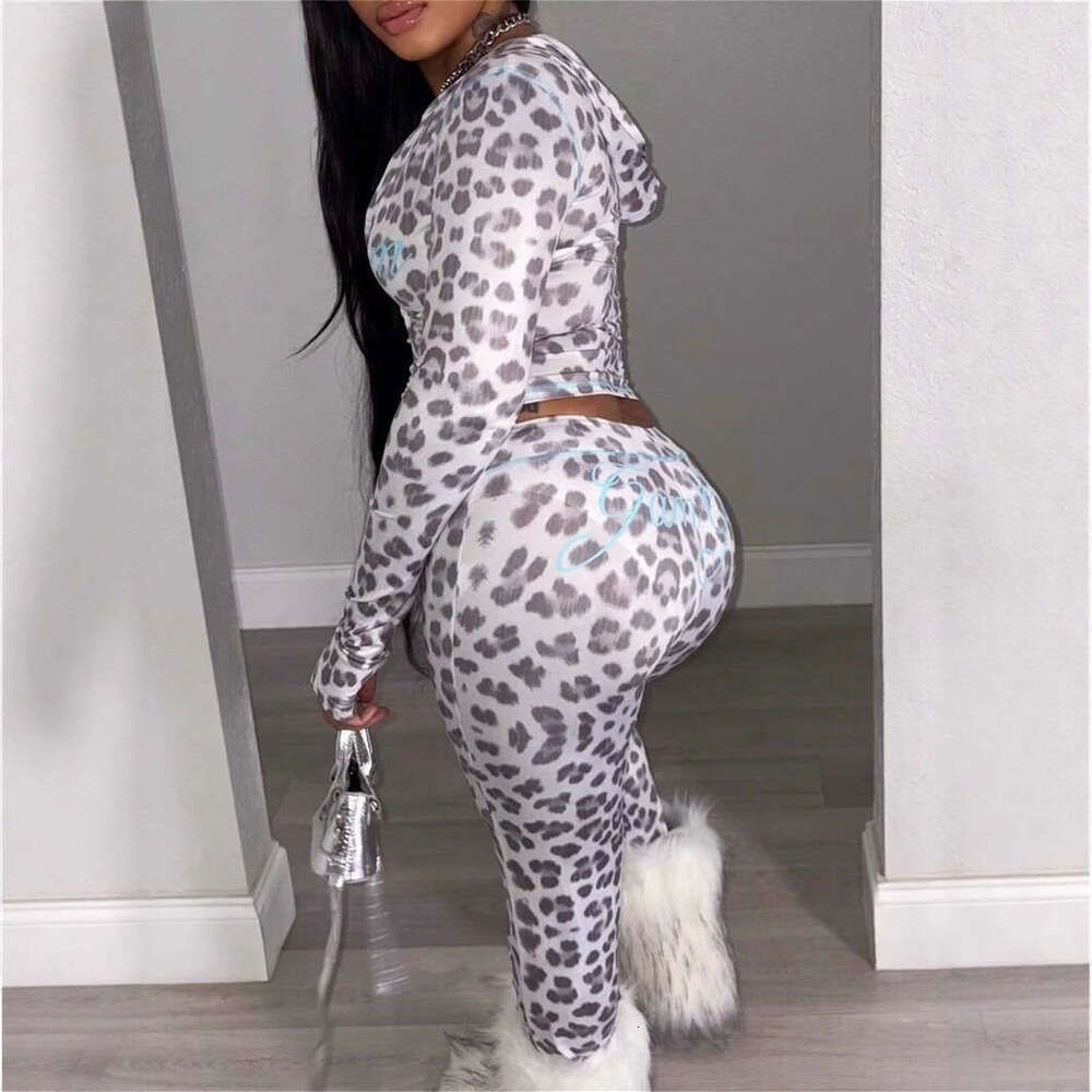2025 Autumn New European American Cross-Border Casual Versatile Sexy Leopard Print Hooded Sleeve Cardigan Top and Long Pants Set