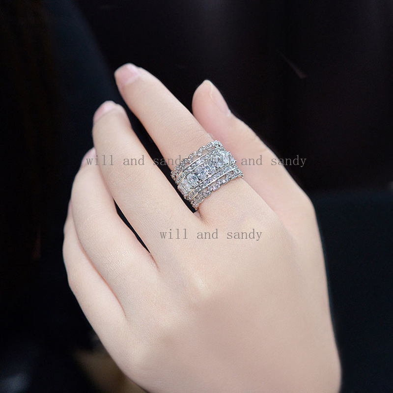 Vintage Princess Cubic Zirconia Wide Wedding Band CZ Full Diamond Gemstone Ring for Women Eternity Statement Cocktail Ring Engagement Promise Designer