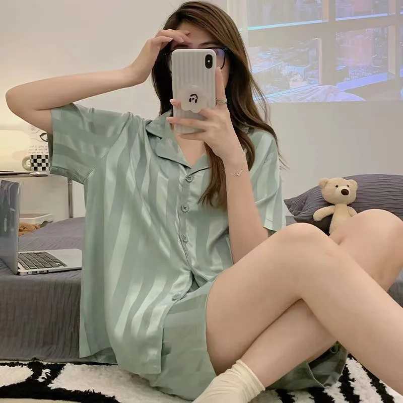 Ice Silk Pajamas Ladies Set of ShortSleeved Cardigan Lapel Home Wear Solid Striped Sexy Nightwear Women Sleepwear 2PCSSetT251014