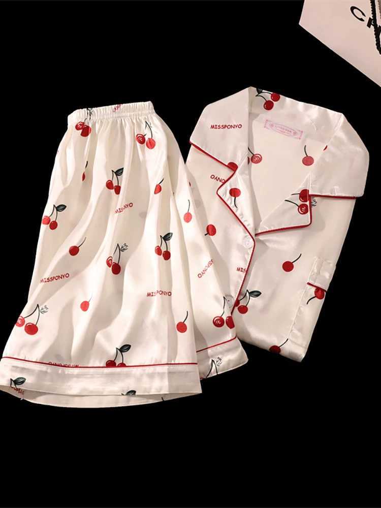 Cherry Print Silk Pajamas Set for Women Summer Short Sleeve Shirt and Shorts Two Pieces Sleepwear Homewear NightwearT251014