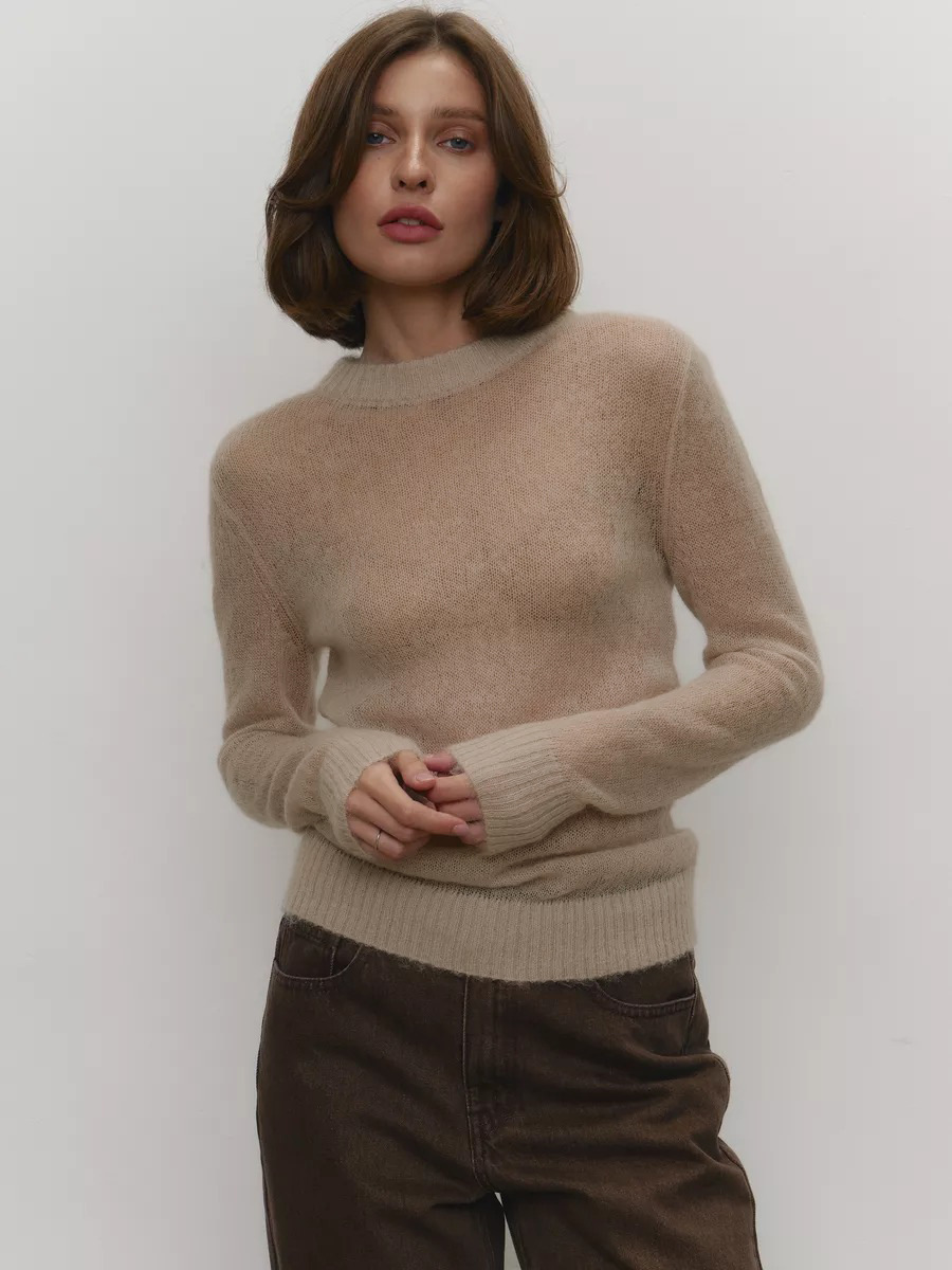 2025 Autumn Spring Women's Minimalist Solid Color Comfortable Sheer Round Neck Knit Wool Pullover Base Layer Sweater