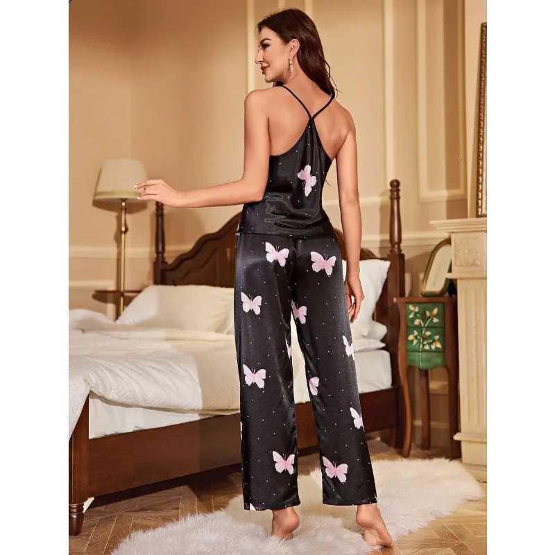 Womens Silk Satin Pajamas Set Sleeveless Top And Long Pants Sleepwear 2 Piece Set Home Sexy Lace Patchwork Tank SetsT251014