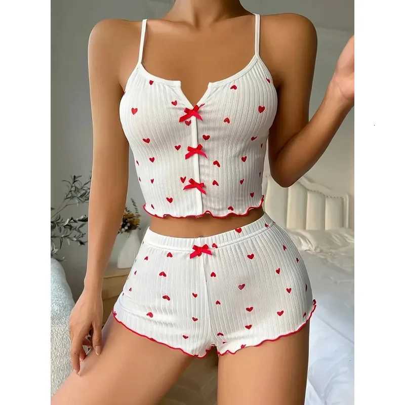 Sleepwear Women Pajamas Set Heart Print Soft Ribbed Fabric with Flirty Frill Trim Casual Cami Top and Shorts Sets LoungewearT251014