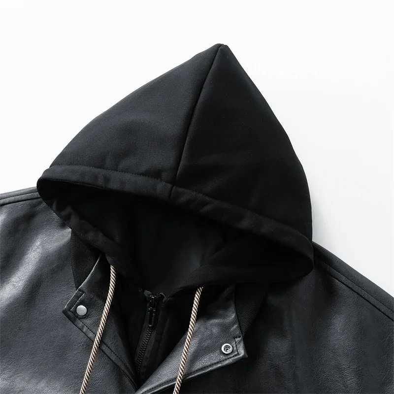 Fake Two piece Hooded Leather Jacket Men American Vintage Mens PU Leather Motorcycle Jackets Trendy Versatile Streetwear Coat J251014