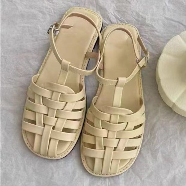 KIDMESTAR 2025 New Designer Slippers Women's Flat Slider Comfort Shoes, Casual Shoes Summer Sandals One-button Rhinestone Woven Niche Retro Beach