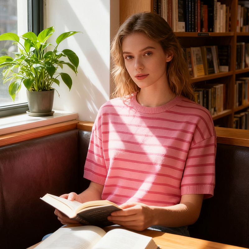 Women's T-Shirt Women's Pink Striped Short - Sleeve Pullover Top, Casual and Stylish AS25-0301