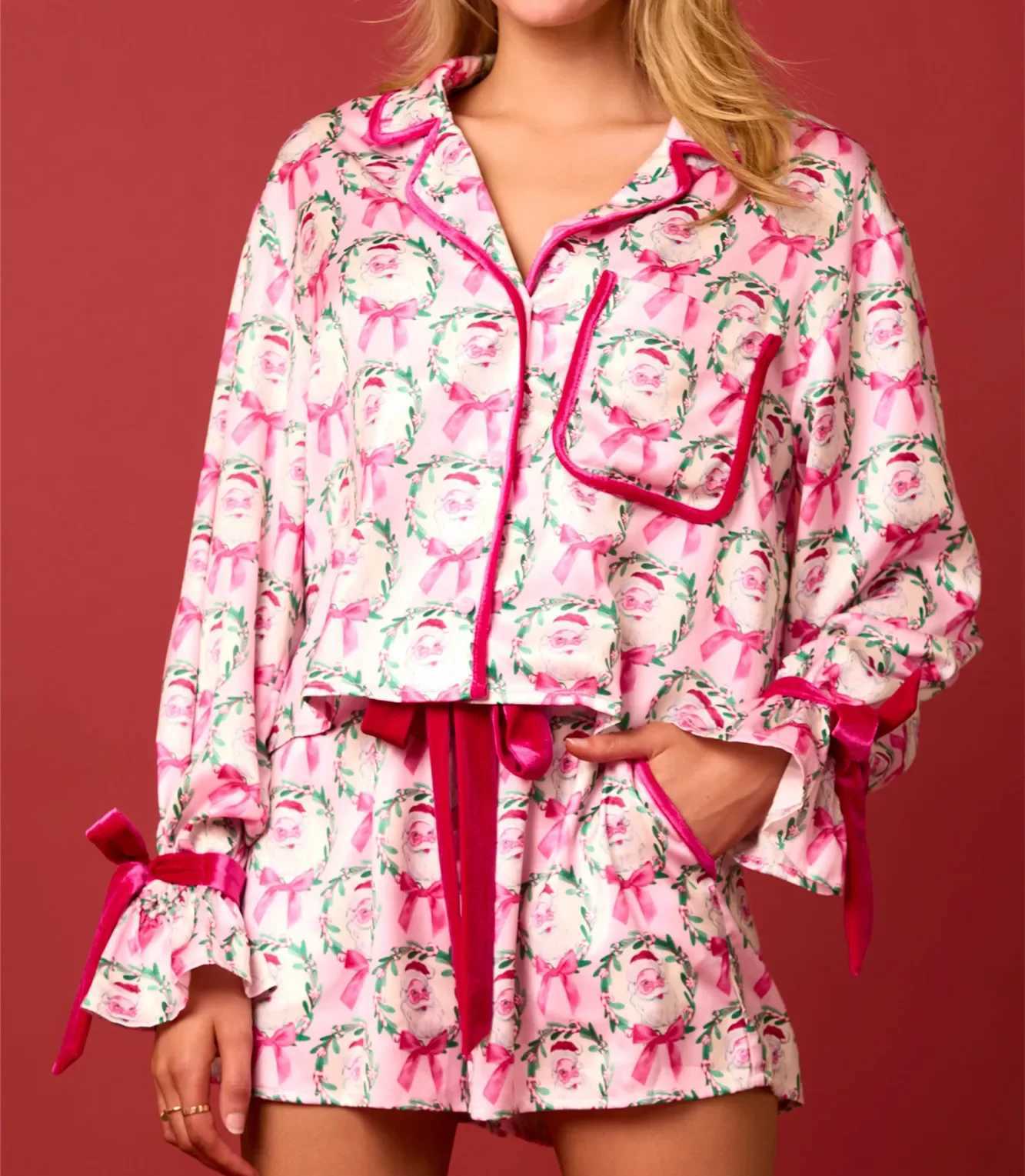 2024 Christmas Pajamas for Women Bow Tie Long Sleeve Shirt Shorts Satin Silk Funny Graphic 2 Piece Pjs Set SleepwearT251014