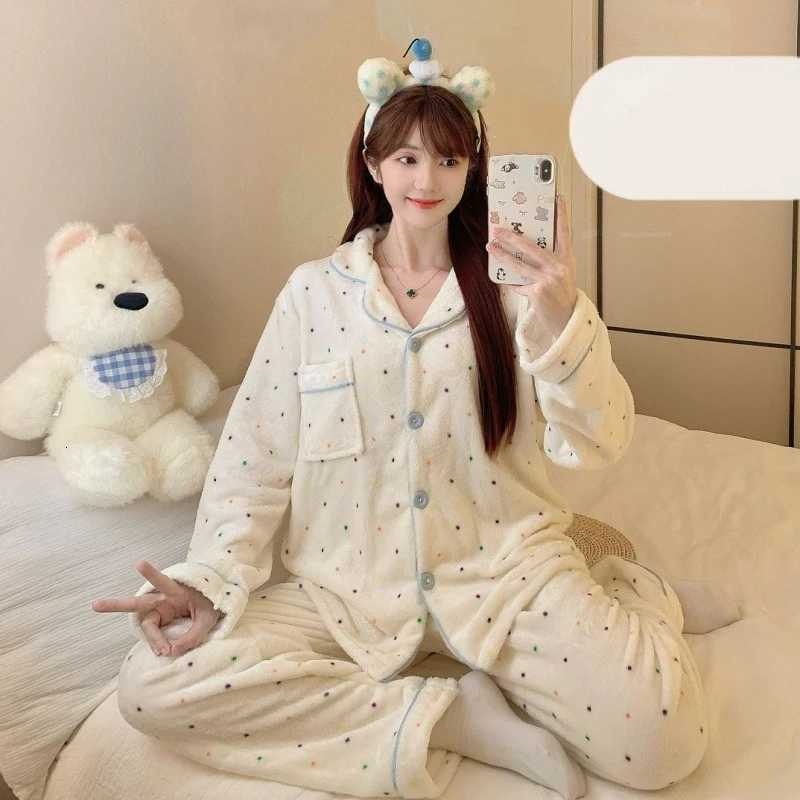 Autumn Winter New Pajamas Lapel Neck Long Sleeve Colourful Dot Print Warm Sleepwear Thick Casual Pajamas Coral Fleece TwoPiece Y251013