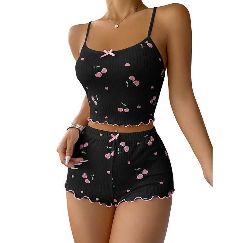 2Piece Pajama Set for Women Cherry Print Bow Front Cami Top and Short Pajama Set Cute Soft SleepwearT251014