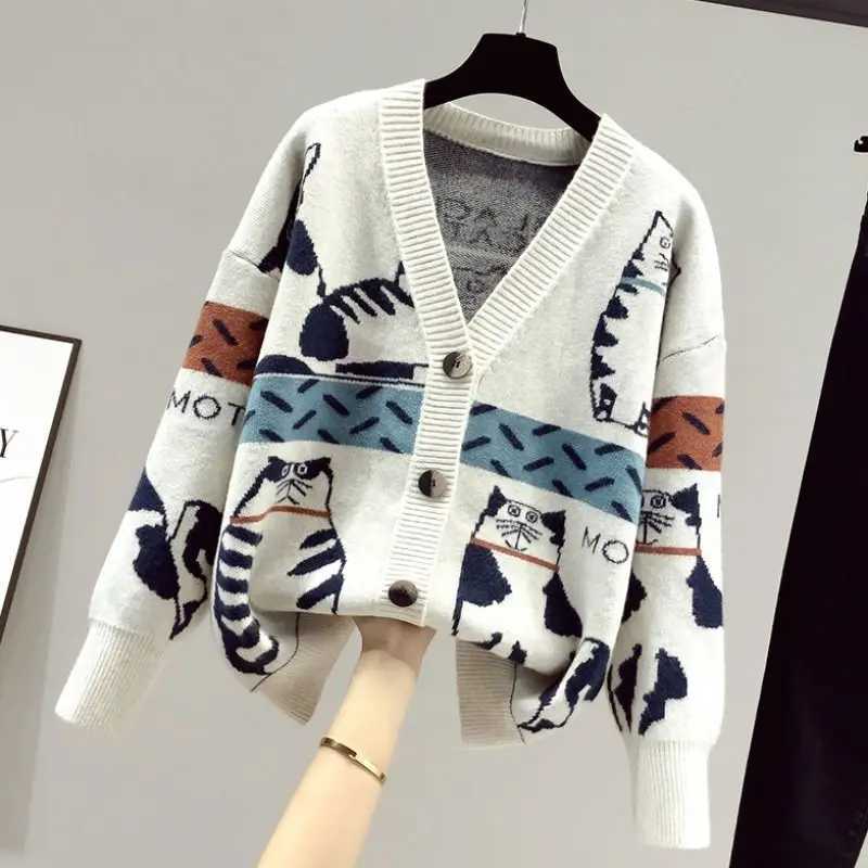 2023 Spring and Autumn New Cartoon Contrast Color Fashion Sweater Womens Vne Knitted Cardigan Coat Trend W251014