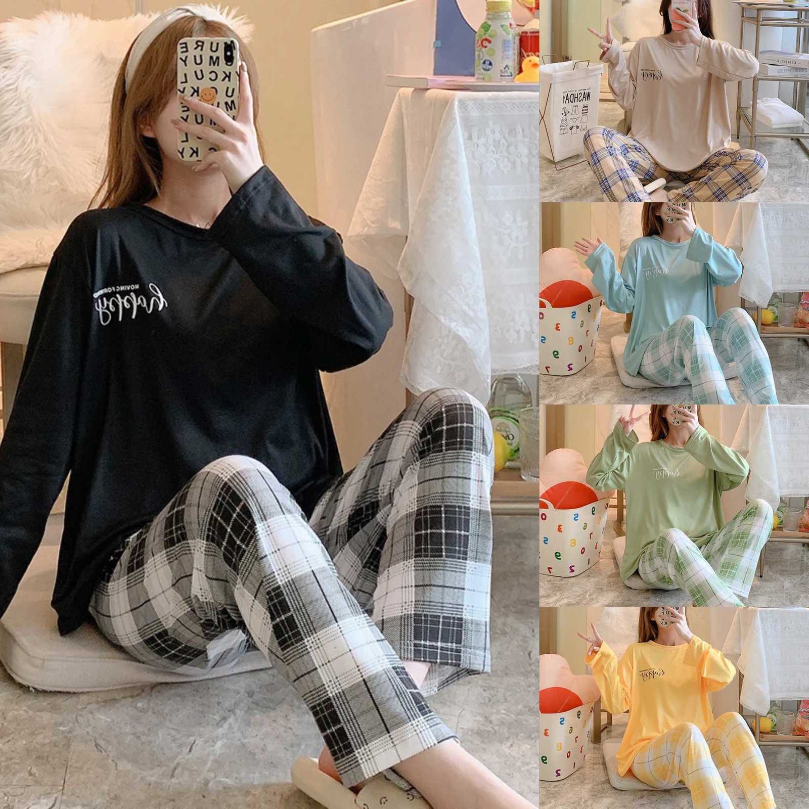 New Womens Pajamas TwoPiece Female Spring And Autumn Summer LongSleeved Trousers Suit Simple And Can Be Worn Outside HomewearT251014