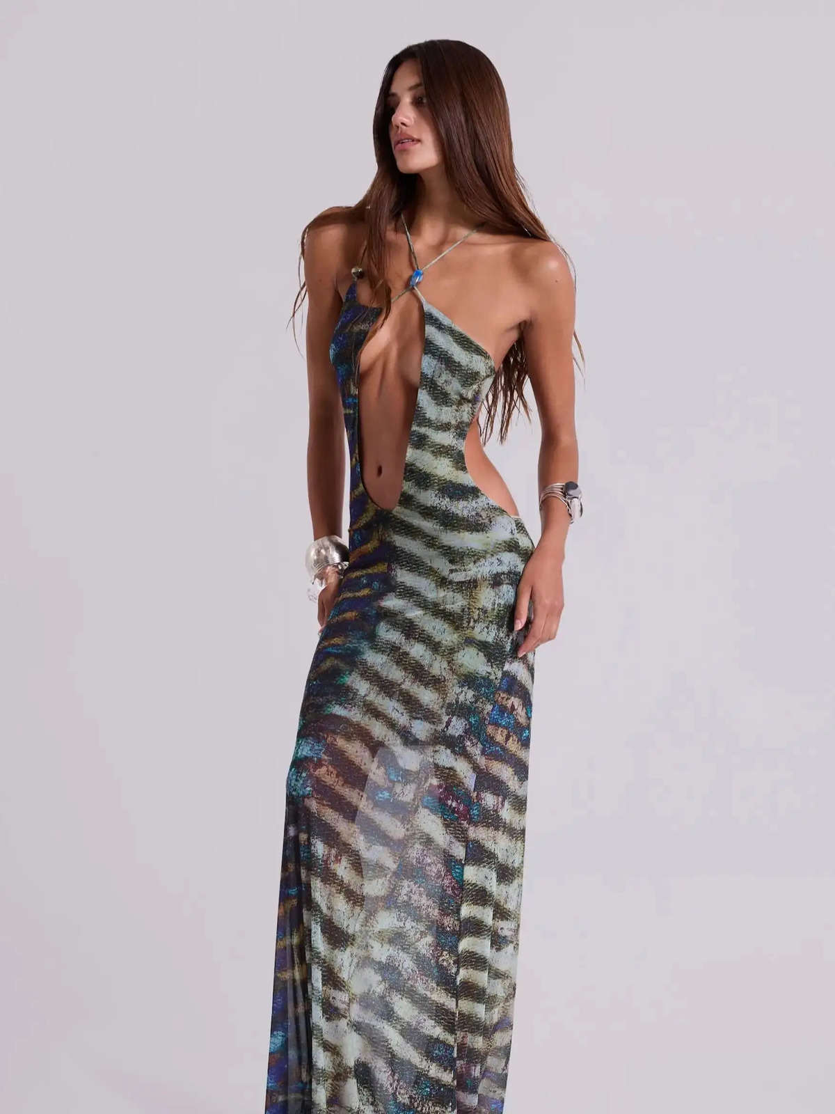 Bohemian Maxi Dress Hollow Out Elegant Women Asymmetric Print Long Summer Casual Halter Backless Beach Cover Up 251009