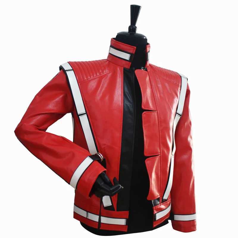 2016 Punk Novelty Rare Cool Men Red MJ Thriller Open Stitch Vocal Concert Leather Fashion Jacket Outwear J251014