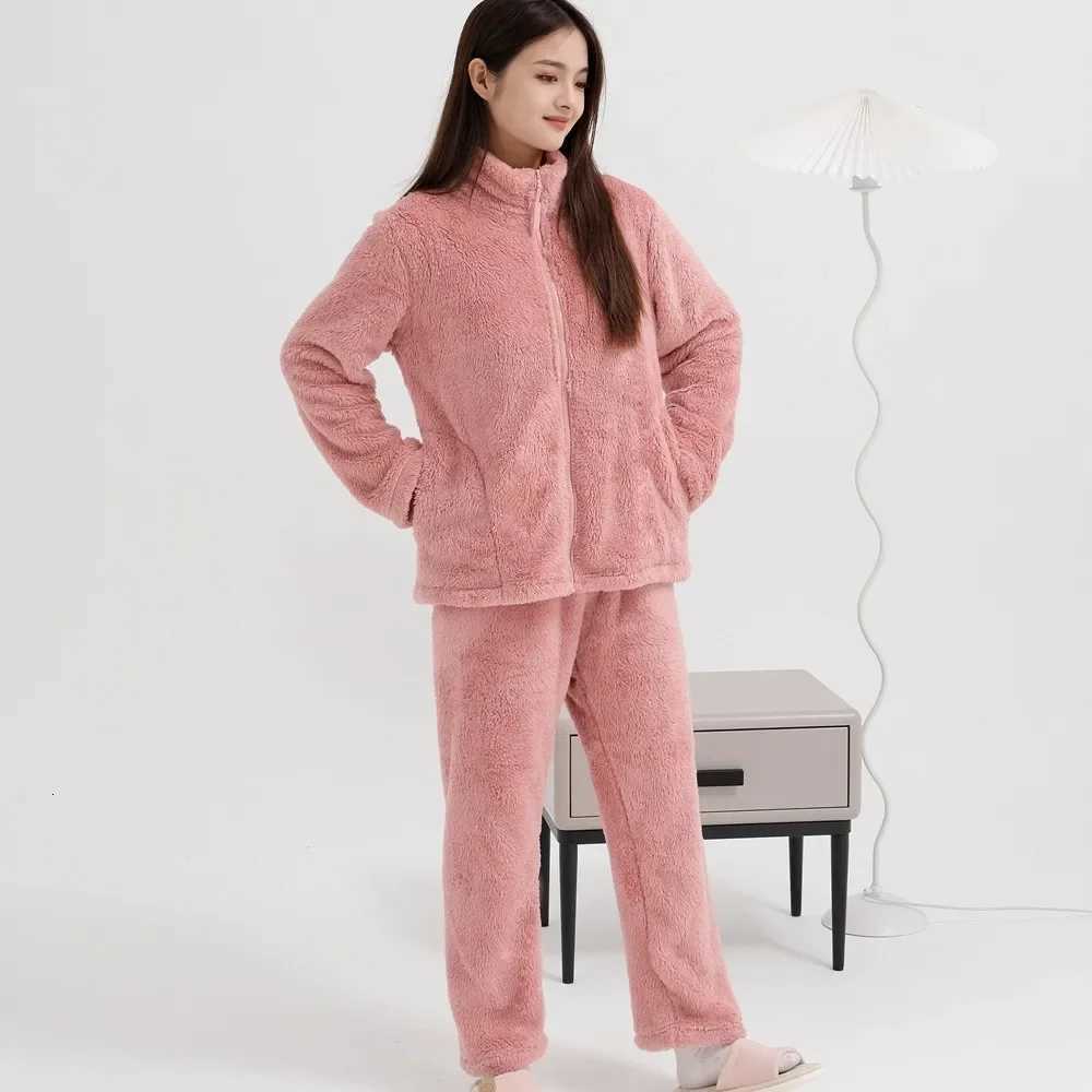 Winter Thickened Fleece Lined Pajama Set Warm Flannel Sleepwear Zipper Home Clothes Two Piece Comfortable Soft Polyester Y251013