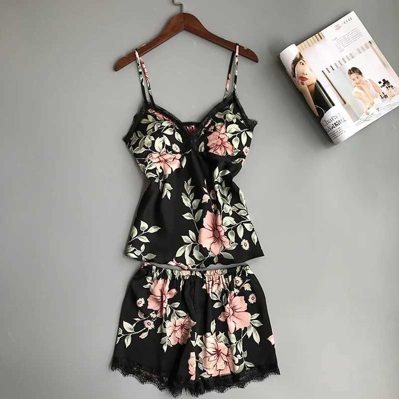 Summer Pyjama Spaghetti Strap Printing Lace Sexy Women Pajamas VNeckBreast Pad Femme Fashion Flower Pajamas SuitT251014