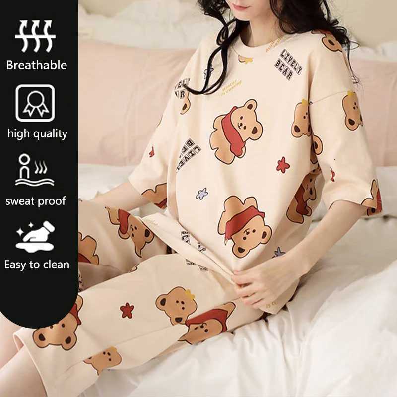 Women Summer Spring Two Pieces Sets Pajamas Short Sleeve ONeck Top Shorts Pants Homewear Loose Cartoon Bear Printing Thin SoftT251014