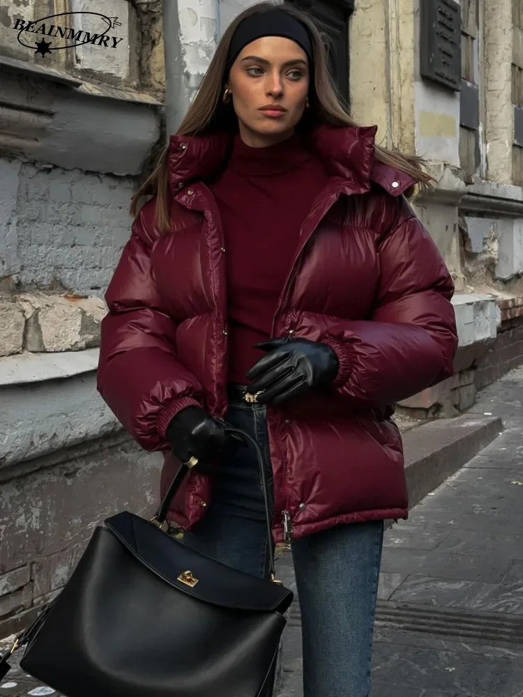 Fashion Burgundy Women Winter Hooded Cotton Jacket Vintage Solid Stand Collar Short Coat Lady Commute Street Outerwears 251011