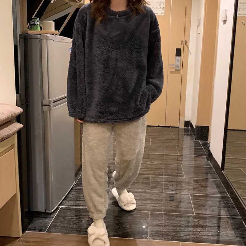 Winter Fleece Women Pajamas Set Sleepwear Solid Velvet 2 Piece Pant Home Suit Fluffy Casual Warm Flannel Night Wear Y251013