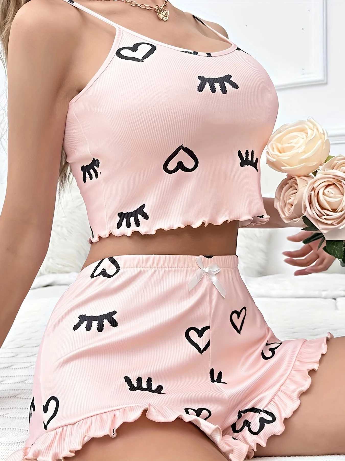 Womens Knit Pajamas Set Pink Eyelash Heart Print Sleeveless Nightwear Sexy Cute Summer Sleepwear Two Piece OutfitT251014