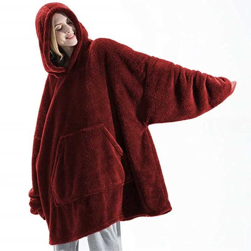 2024 Winter Women Doublefaced Fleece Hoodie Blanket Oversize Large Pocket Warm Couple Loose Sweatshirts Women And Men Robe Y251013