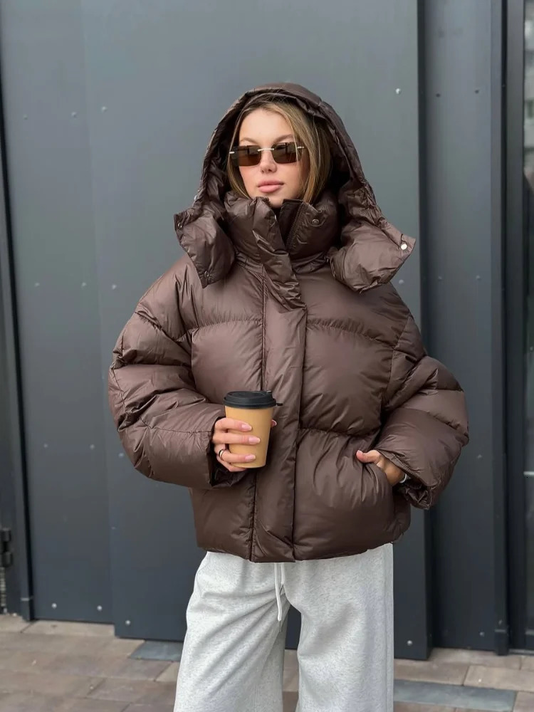 Brown Hooded Cotton Coat Women Lapel Full Sleeve Zipper Button Warm Loose Short Coats Lady Fashion Winter Casual Street Outwear 251011